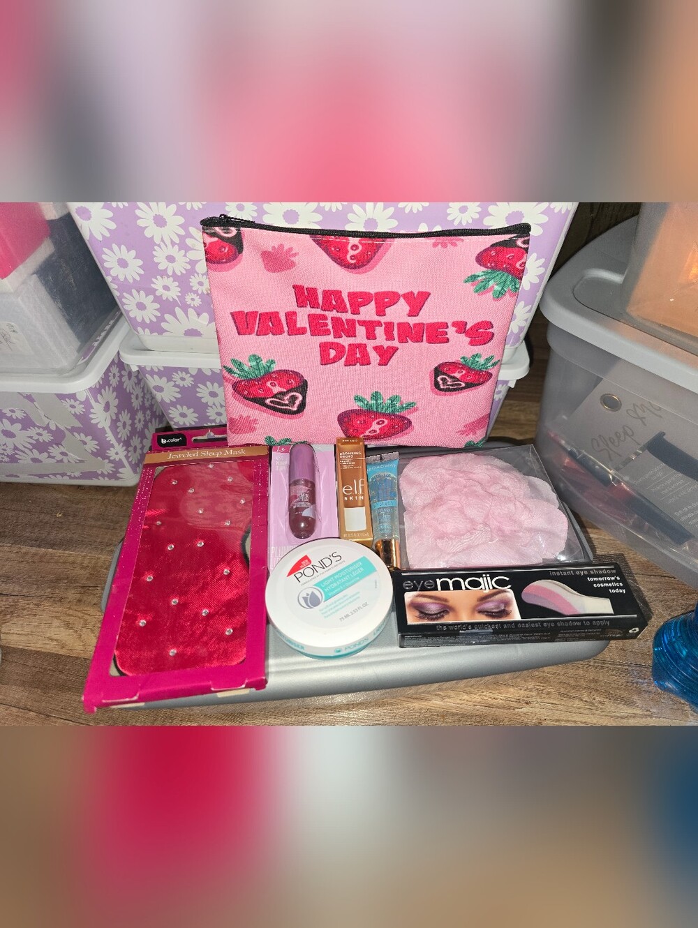 Happy Valentine's Day Pink Cosmetic Pouch with Strawberry Print - Gift Set